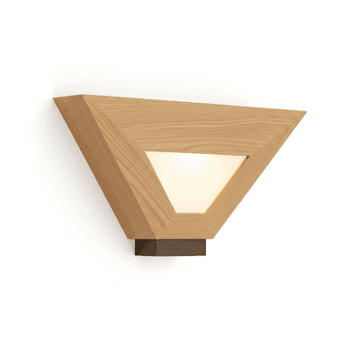 A contemporary wall sconce featuring a distinctive triangular design. The outer frame is constructed from light-toned wood, likely oak, with prominent grain, and houses an internal diffuser panel that emits a warm, soft light. The sconce is mounted to the wall via a compact, dark-finished metal base positioned at the bottom point of the triangle. Its sharp angles and material combination give it a modern and minimalist aesthetic. — 3D model (AI enhanced source)