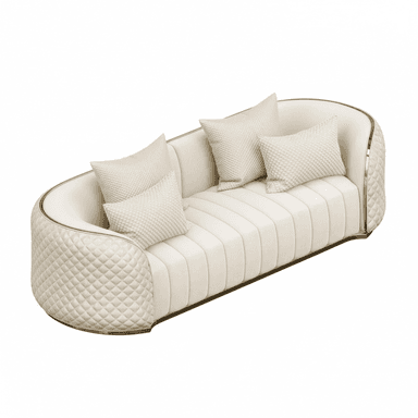 A sophisticated, contemporary sofa with a distinct curved silhouette, designed for multiple occupants. It is upholstered in a light, likely cream or off-white fabric, possibly velvet or a similar soft textile. The backrest and seating area feature prominent vertical channel tufting, providing a structured yet plush appearance. The rounded armrests and side panels are adorned with diamond quilting, adding a touch of classic elegance. Polished gold-tone metal trim outlines the sofa's base and upper edges, accentuating its luxurious aesthetic. The sofa is presented with several matching decorative pillows, enhancing comfort and visual appeal. — 3D model (AI enhanced source)