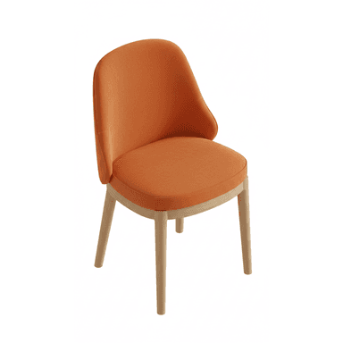 A modern upholstered chair with a vibrant orange fabric finish and a light-toned wooden frame. The chair features a gently curved, enveloping backrest and a padded seat, supported by four tapered cylindrical wooden legs. — 3D model (AI enhanced source)