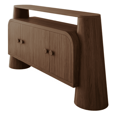 A modern wooden sideboard featuring a long, low cabinet with four doors, rounded corners, and an integrated upper display shelf, supported by two conical legs. — 3D model (AI enhanced source)