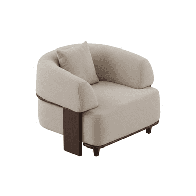 A contemporary upholstered armchair featuring a low-profile design, rounded forms, and distinct dark wood accents. The main body is covered in a light beige or cream textured fabric, and a matching square throw pillow is included. Dark wood elements form a structural and decorative band around the base and extend upwards on the sides, functioning as part of the armrests. The chair is supported by short, tapered dark wood legs. — 3D model (AI enhanced source)