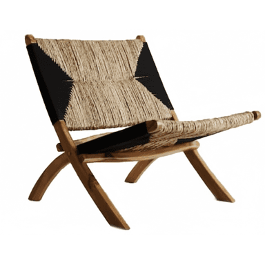 A low-slung lounge chair featuring a folding frame made of light-colored wood, likely teak, and a seat and backrest constructed from woven natural rush fiber. The weaving pattern incorporates black fabric strips, creating a distinct visual contrast. The chair's design suggests a relaxed seating posture, with a slightly reclined back and an extended seat for comfort. The wooden frame has gently curved legs, contributing to both stability and aesthetic appeal. — 3D model (AI enhanced source)