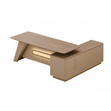 A modern executive desk featuring a spacious rectangular desktop finished in a light wood veneer, supported by an asymmetrical base that includes an integrated linear LED light strip. One side of the desk is connected to a low, rectangular storage cabinet with a matte, neutral finish and subtle vertical detailing on its face. The overall design emphasizes clean lines, rounded edges, and a minimalist aesthetic suitable for a professional environment. — 3D model (AI enhanced source)