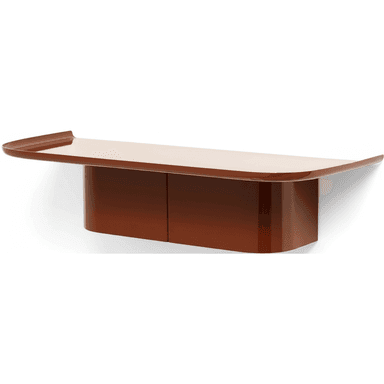 A sleek, wall-mounted console table featuring a high-gloss auburn brown lacquer finish. The top surface has gently curved, slightly raised edges, giving it a tray-like appearance. Beneath the top, a two-door cabinet with concealed handles provides integrated storage. The overall design is modern and streamlined, with soft, rounded corners on the cabinet. — 3D model (AI enhanced source)