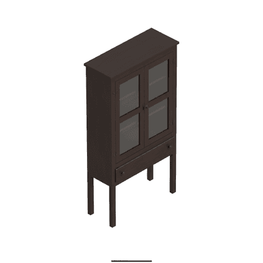 A tall, dark brown wooden display cabinet featuring two upper glass-paneled doors, a single lower storage drawer, and supported by four straight legs. The cabinet has a traditional design with simple lines and dark, possibly antique-finished hardware. — 3D model (AI enhanced source)