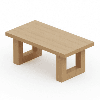 A minimalist rectangular coffee table constructed from light-toned wood, featuring a thick tabletop supported by two sturdy block-style legs, each with a rectangular cut-out creating an open frame. — 3D model (AI enhanced source)