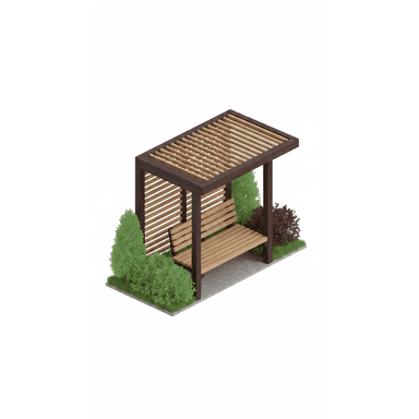 An isometric digital rendering of a modern outdoor pergola with an integrated slatted wooden bench. The structure features a dark brown timber frame supporting a lighter-toned slatted roof and a matching slatted bench. It is set on a paved area, flanked by green bushes and shrubbery. — 3D model (AI enhanced source)
