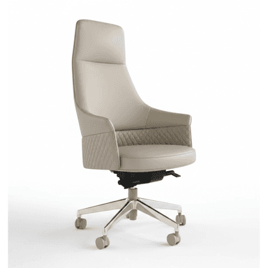 A high-backed executive office chair featuring light beige upholstery, possibly leather or high-quality faux leather. The chair has integrated armrests with a distinctive diamond-quilted pattern on their exterior sides. It is supported by a five-star polished metal base equipped with casters for mobility and an adjustable swivel mechanism visible beneath the seat. The backrest is tall and provides ample support, indicating an ergonomic design suitable for prolonged use. — 3D model (AI enhanced source)