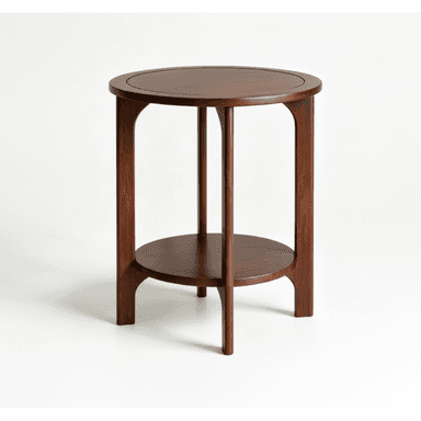 A dark brown, two-tier round side table featuring a smooth, circular top surface and a matching lower shelf. The table is supported by four vertical legs with gently curved upper sections, connecting both the top and bottom tiers. The overall design is clean and contemporary, crafted from polished dark wood. — 3D model (AI enhanced source)