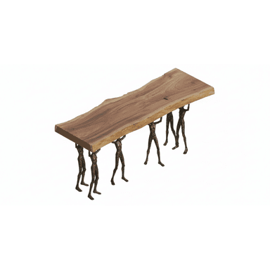 A console table featuring a live-edge wooden top supported by multiple sculptural, dark-finished humanoid figures acting as the base. — 3D model (AI enhanced source)