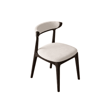 A contemporary dining chair featuring a dark-stained solid wood frame and light beige fabric upholstery. The chair has a curved backrest that integrates smoothly with the frame, and a padded, square seat. The four legs are tapered, contributing to its modern and elegant silhouette. — 3D model (AI enhanced source)