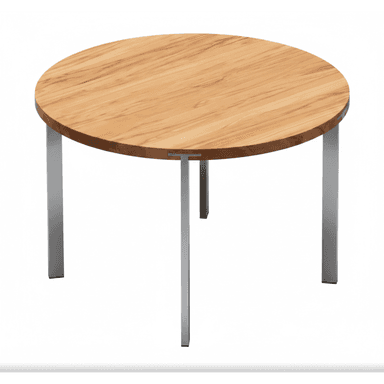 A modern round table featuring a light-toned wooden tabletop with visible grain patterns, supported by four straight, square-profile metal legs in a silver finish. — 3D model (AI enhanced source)