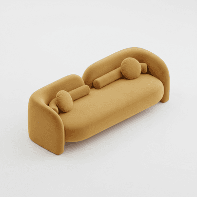 A contemporary, minimalist sofa featuring a cohesive, rounded design with integrated arms and backrest, upholstered in a mustard yellow fabric, and accompanied by matching bolster and circular accent cushions. — 3D model (AI enhanced source)