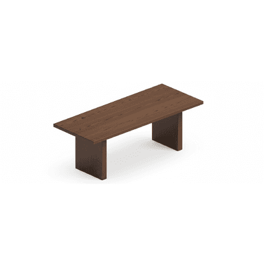 A rectangular, dark brown wooden bench featuring a thick, solid top and two sturdy, block-like legs. The design is minimalist and modern, emphasizing clean lines and a robust appearance. The wood grain is visible, suggesting a natural material or high-quality veneer. — 3D model (AI enhanced source)