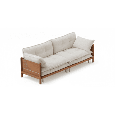 A contemporary three-seater sofa featuring a robust light-toned wooden frame and generously padded, tufted cushions upholstered in a cream-colored fabric. The design includes an exposed rectangular wood frame for the base and armrests, with cylindrical metal legs providing support. The cushions are thick, with piped edges, and offer a low-profile, relaxed seating experience. — 3D model (AI enhanced source)