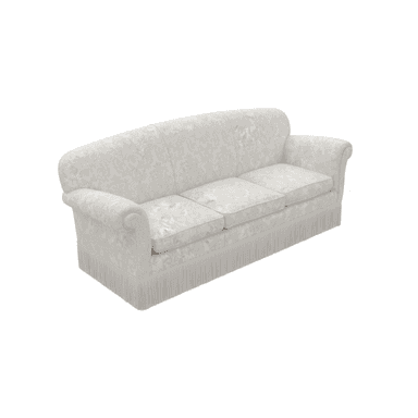 A classic three-seater sofa upholstered in a light-colored, damask-patterned fabric. It features rolled arms, a gently curved backrest, and a skirt of fringe along the bottom. — 3D model (AI enhanced source)
