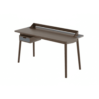 A contemporary wooden desk featuring a dark brown finish with subtle gray accents. It has a rectangular tabletop, supported by four tapered round legs. A single storage drawer is integrated on the left side, and an elevated back riser with a slotted design runs across the back of the desktop. — 3D model (AI enhanced source)
