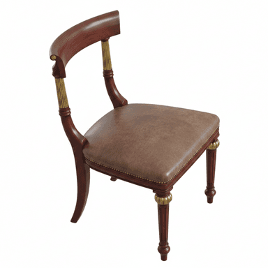 A classical side chair with a dark wood frame and a brown upholstered seat. The chair features a curved backrest supported by turned uprights that incorporate fluted golden accents. The seat is rectangular and upholstered in what appears to be leather, fastened with brass studs along the edge. The wooden legs are turned and feature decorative golden elements near the seat. The overall design evokes a traditional or neoclassical style. — 3D model (AI enhanced source)