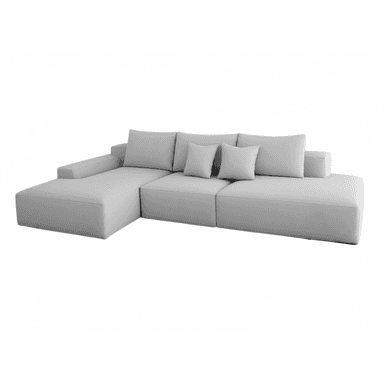 A light gray modular sectional sofa featuring a chaise lounge extension. The sofa consists of multiple low-profile, upholstered sections that can be arranged in an L-shape. It includes several loose back cushions and two smaller accent pillows, all in a matching light gray fabric. The design is clean, minimalist, and contemporary, with no visible legs, giving it a solid, grounded appearance. — 3D model (AI enhanced source)