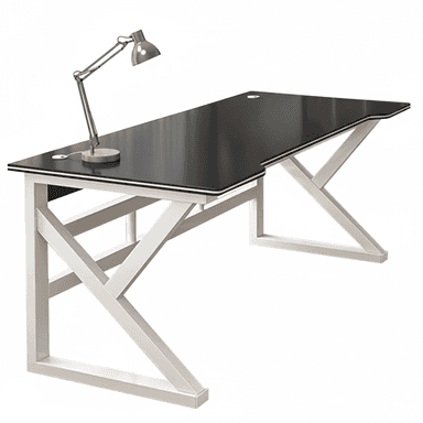 A modern desk featuring a rectangular black glass tabletop supported by a white geometric metal base. The tabletop includes two circular cutouts for cable management. An adjustable metal desk lamp is also present on the left side of the desk, though the primary focus of this analysis is the desk itself. — 3D model (AI enhanced source)