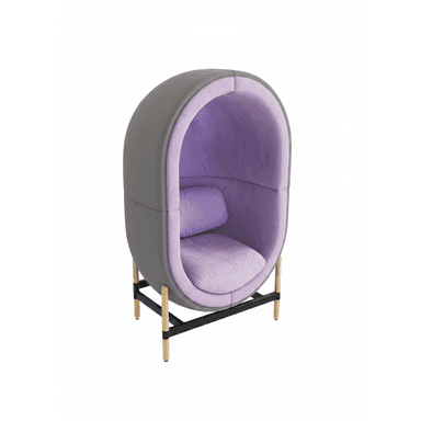 An upholstered pod privacy lounge chair with an egg-shaped exterior in grey and a lavender-purple interior. It stands on splayed wooden legs connected by black metal crossbars. — 3D model (AI enhanced source)