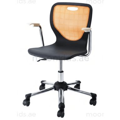 A modern swivel task chair featuring a black molded plastic seat and a translucent orange backrest with a grid pattern. The chair has fixed armrests with light-colored pads and rests on a five-star chrome-plated metal base with black casters for mobility. A lever for height adjustment is visible beneath the seat. — 3D model (AI enhanced source)