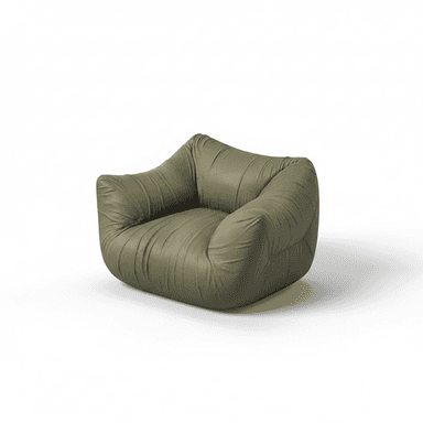 A contemporary, low-profile lounge chair featuring voluminous, plush upholstery in an olive green color. The chair has soft, rounded lines with integrated armrests and a deep seat, suggesting a high level of comfort and a relaxed aesthetic. — 3D model (AI enhanced source)