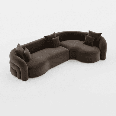 A contemporary modular sectional sofa featuring a distinctive curved and wavy silhouette, upholstered in a dark brown velvet fabric. The sofa is composed of multiple sections with integrated backrests and armrests that flow seamlessly. It includes several matching throw pillows. — 3D model (AI enhanced source)