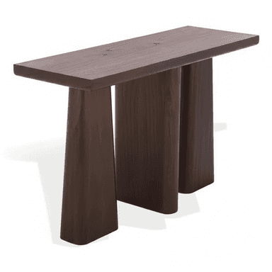 A minimalist dark wood bench featuring a rectangular top and three thick, block-style legs with rounded edges. — 3D model (AI enhanced source)