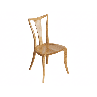 A modern dining chair constructed entirely from light-toned wood, featuring gracefully curved lines for the seat, backrest, and legs, creating a fluid, seamless aesthetic. — 3D model (AI enhanced source)