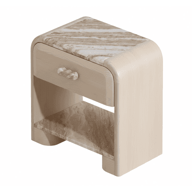 A contemporary nightstand featuring a light-colored wooden frame with soft, rounded edges, complemented by a polished marble top and a matching lower marble shelf. It includes a single drawer with a sculptural marble pull. — 3D model (AI enhanced source)