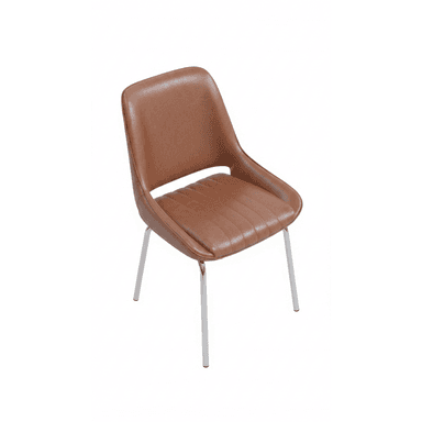 A modern dining side chair featuring a single-piece seat and back shell upholstered in tan faux leather, supported by four slender, tapered metal legs with a polished chrome finish. The seat cushion has horizontal channel tufting, and there is a small gap between the seat and backrest. — 3D model (AI enhanced source)