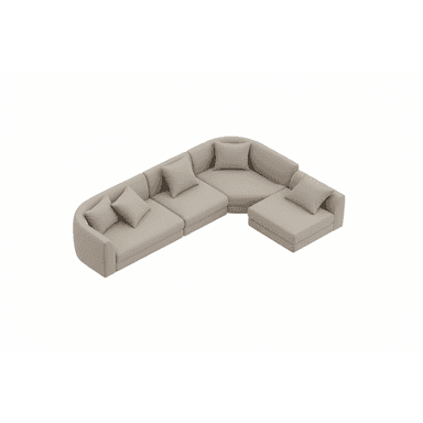 A sectional sofa with a curved corner section and an attached chaise lounge. The sofa is upholstered in a neutral fabric and includes several loose back cushions and seat cushions. The design features clean lines and a modern aesthetic. — 3D model (AI enhanced source)