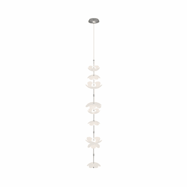A multi-tiered pendant light featuring numerous flower-shaped diffusers suspended vertically from a single ceiling canopy. The diffusers are opaque white, housing individual light sources, and are connected by slender silver-toned rods, creating a cascading, organic aesthetic. — 3D model (AI enhanced source)