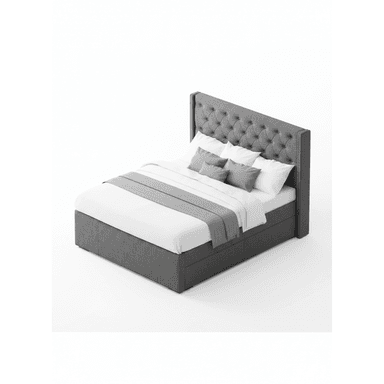 A contemporary upholstered bed featuring a gray fabric finish, a tall button-tufted headboard with a wingback design and silver nailhead trim. The bed includes an integrated platform base with visible storage drawers. The bed is dressed with white bedding, gray pillows, and a gray throw. — 3D model (AI enhanced source)