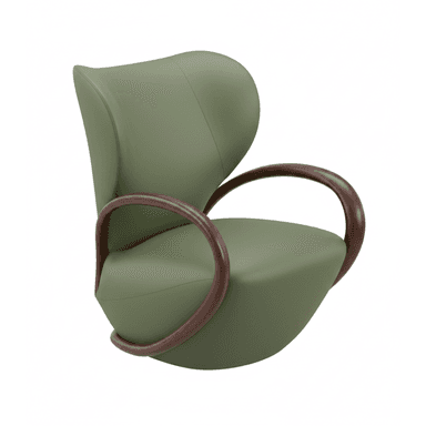A stylish lounge chair featuring a high, curved back and an ergonomic seat, all upholstered in a matte olive green material. The chair is characterized by its prominent, continuous bentwood armrests in a dark brown finish that loop gracefully from the back to the front of the seat. The design exudes a mid-century modern aesthetic, combining comfort with elegant, organic lines. — 3D model (AI enhanced source)