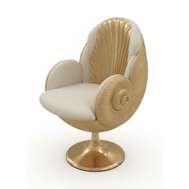 A highly decorative accent chair featuring a distinctive shell-like back and arms in a gold finish, with a cream-colored upholstered seat and backrest, all supported by a matching gold pedestal base. — 3D model (AI enhanced source)