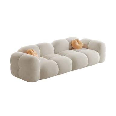A long, contemporary sofa composed of multiple rounded, cloud-like upholstered sections, presented in a light, neutral fabric, with two small round accent pillows. — 3D model (AI enhanced source)