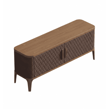 An elongated, low-profile media console featuring a rectangular wooden top with rounded corners. The body of the console is upholstered in a dark brown, diamond-quilted fabric, giving it a textural and sophisticated appearance. It includes two cabinet doors with integrated wooden pull handles, suggesting enclosed storage. The console is supported by four tapered wooden legs, adding to its modern aesthetic. The overall design combines natural wood elements with plush upholstery. — 3D model (AI enhanced source)