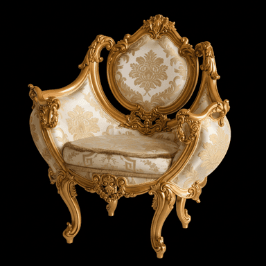 An ornate armchair with a gilded wood frame and upholstered seating and back. The frame features elaborate carvings in a rococo or baroque style, including scrolling acanthus leaves and intricate scrollwork. The upholstery is a cream or ivory fabric with a detailed golden damask pattern. A separate, plush cushion is placed on the seat. The armchair has four cabriole legs, also extensively carved and gilded. — 3D model (AI enhanced source)