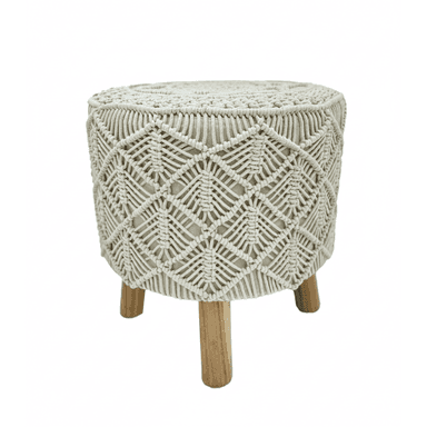 A small, round stool or ottoman entirely covered in intricately woven macrame cord, featuring three natural wood legs. — 3D model (AI enhanced source)