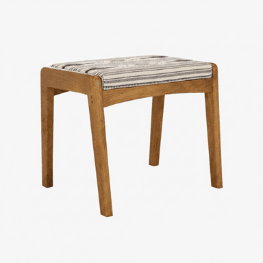 A modern wooden upholstered stool featuring a light brown wood frame with subtly rounded edges and four tapered legs. The seat is padded and covered in a fabric with a distinctive pattern of black, white, and beige stripes and geometric motifs. — 3D model (AI enhanced source)