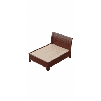 A traditional wooden bed frame with a dark reddish-brown finish. It features a paneled headboard and turned legs at the footboard end. The mattress support base consists of light-colored wood slats. — 3D model (AI enhanced source)