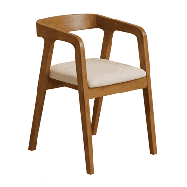 A modern wooden dining chair featuring a light brown wood frame and a light beige upholstered seat. The chair has a distinctive curved backrest that seamlessly integrates into the armrests. Its four legs are straight and slightly tapered, contributing to a clean and minimalist aesthetic. — 3D model (AI enhanced source)