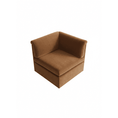 An upholstered corner module for a sectional sofa, featuring a low profile and plush fabric, designed to connect with other pieces to form a larger seating arrangement. — 3D model (AI enhanced source)