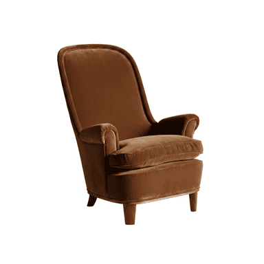 A plush, brown velvet upholstered lounge armchair featuring a high, gently curved backrest, rolled arms, and a deep, removable seat cushion. The chair sits on four short, tapered wooden legs. — 3D model (AI enhanced source)