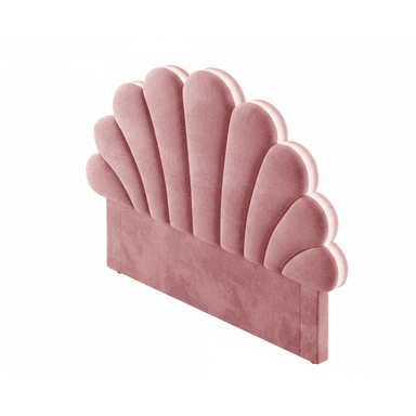 A pink velvet headboard with a scalloped, fan-like design. The edges of the fan shapes are illuminated with a soft light. The headboard has a rectangular base with padded, vertical tufting. — 3D model (AI enhanced source)