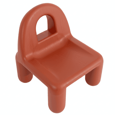 A small, unibody molded plastic children's chair rendered in a terracotta orange color. It features a wide, flat seat and a low, curved backrest that incorporates a semi-circular handle for easy portability. The chair is supported by four short, stout, cylindrical legs, all formed from the same continuous plastic material. — 3D model (AI enhanced source)