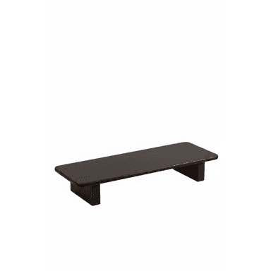 A minimalist, rectangular display riser or monitor stand, crafted from dark brown wood with a smooth, matte finish. It features a flat top surface with gently rounded edges and is supported by two integrated, block-like feet positioned towards the ends of the base. — 3D model (AI enhanced source)