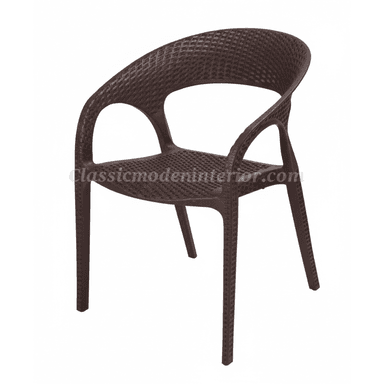 A dark brown, molded plastic armchair designed with a textured surface mimicking woven rattan. It features a curved backrest and integrated armrests, with cut-outs beneath the arms. The seat and back have a perforated, lattice-like pattern. It stands on four tapered legs, each also textured. — 3D model (AI enhanced source)